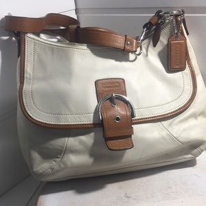 Coach medium-large satchel shoulder bag cream with whiskey leather accen…